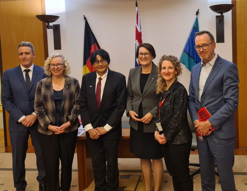 Indonesian Ambassador to Australia HE Siswo Pramono, pictured with members of the Parliamentary Friends of the TPNW, with ICAN Australia Board Member Tara Gutman