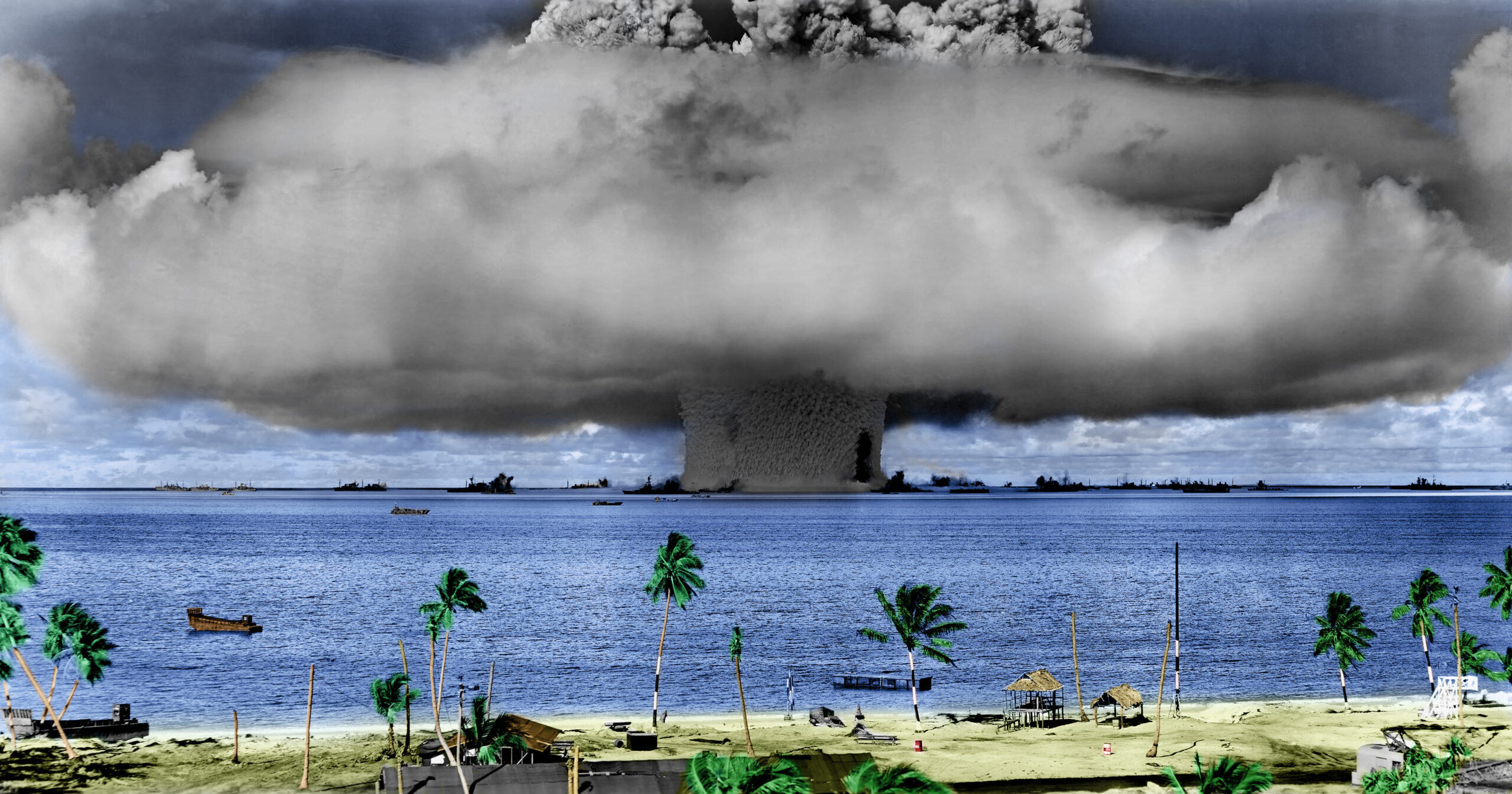 The "Baker" explosion, part of Operation Crossroads, a nuclear weapon test by the United States military at Bikini Atoll, Micronesia, on 25 July 1946.